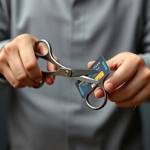 A person cutting a credit card in half with scissors, symbolizing debt reduction.