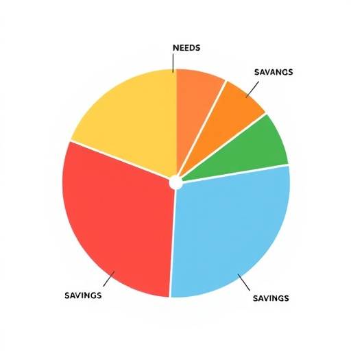 Graphical representation of a budget pie chart showing income allocation across different categories like needs, wants, and savings.