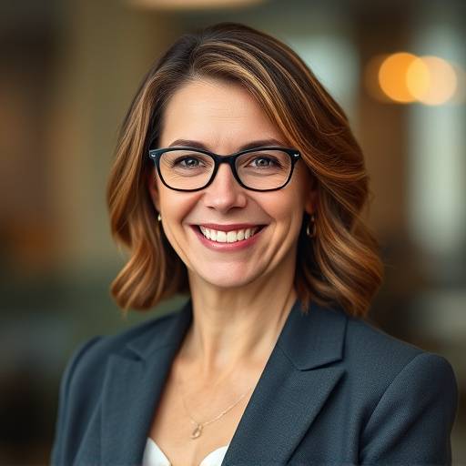 Portrait of Eleanor Vance, financial advisor and founder of FinWell, smiling confidently.